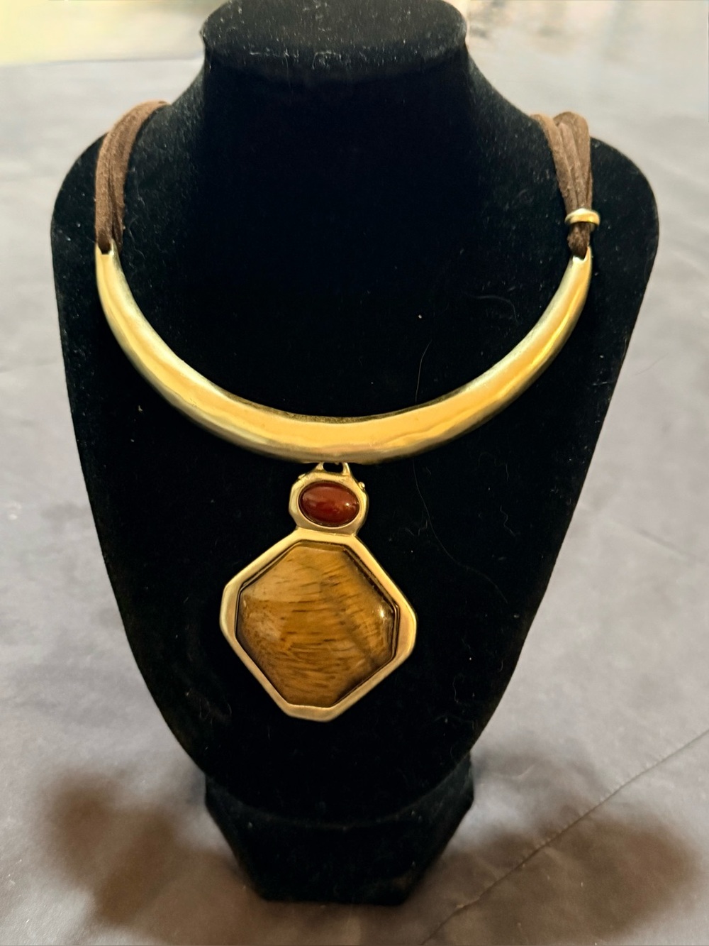 Chico's Gold-Tone Collar Necklace with Brown and Amber Stone Accents